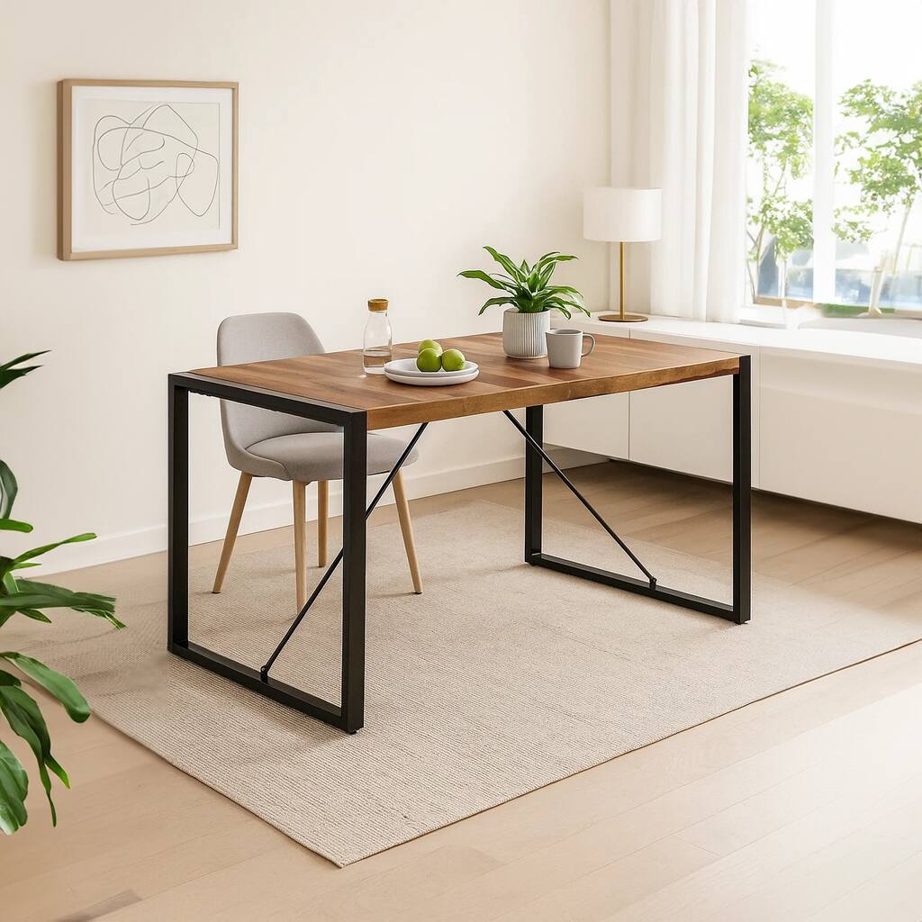 Rezza Dining Table, 63 Inch Brown Solid Mango Wood Top, Black Steel - Brown, Black