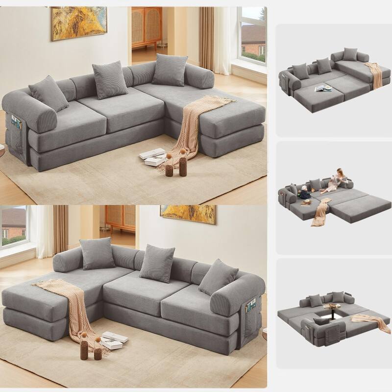 Versatile 7-in-1 Modular Folding Sectional Sofa with Chaise Convertible Corduroy Sleeper Sofa Bed with Removable Storage Bags - Grey