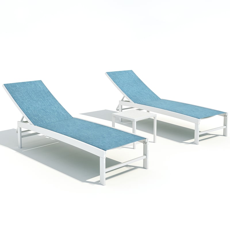 Outdoor Aluminum Chaise Lounge Chairs and Side Table, Sun Lounger with Adjustable Backrest - Blue Fabric, White Frame