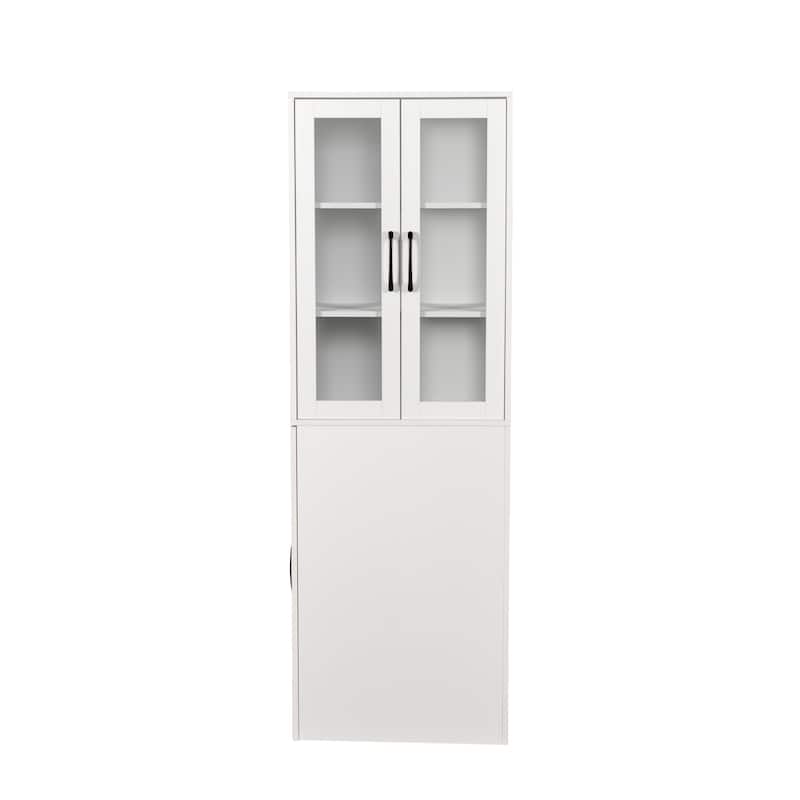 Glass Display Cabinet 3-Tier Bookcase for Collectibles, Wood Storage Cabinet with Door & 4-Tier Pull-Out Shelves for Living Room