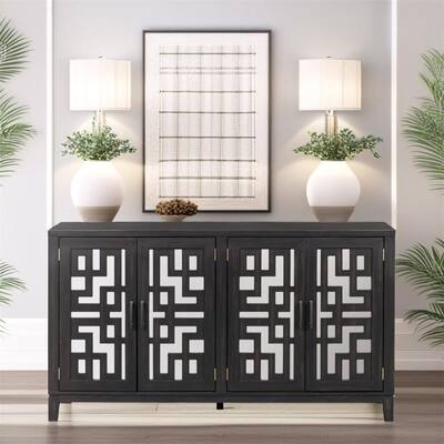 Retro 4-Door Mirrored Buffet Sideboard with Metal Pulls