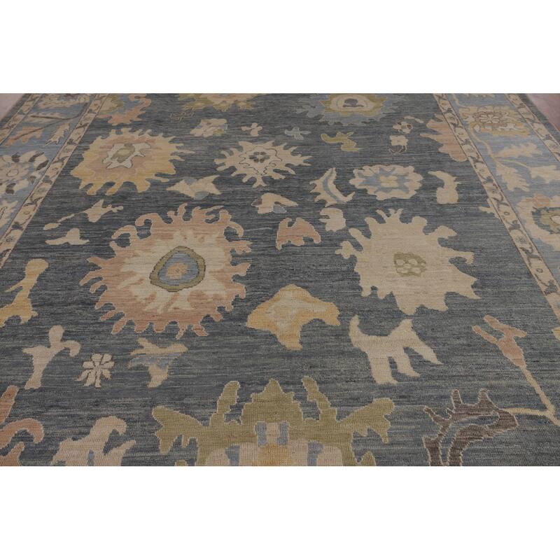 Vegetable Dye Oushak Turkish Area Rug Hand-Knotted Blue Wool Carpet - 9'2"x 11'9"