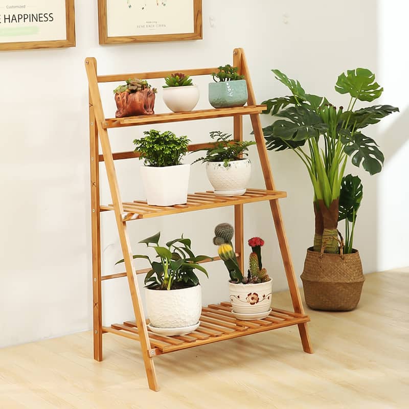 Bamboo Wooden 3-Tier Ladder Plant Stand Foldable