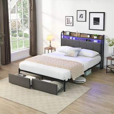 Queen Bed Frame with Storage Headboard, Charging Station, Solid & Stable