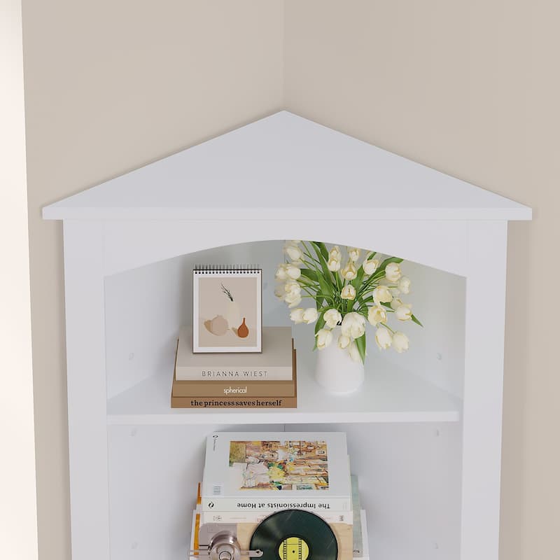 VECELO 68.5" Tall Triangle Corner Bookcase with Adjustable Open Shelves Magnetic Shutter Doors Storage Cabinet for Living Room