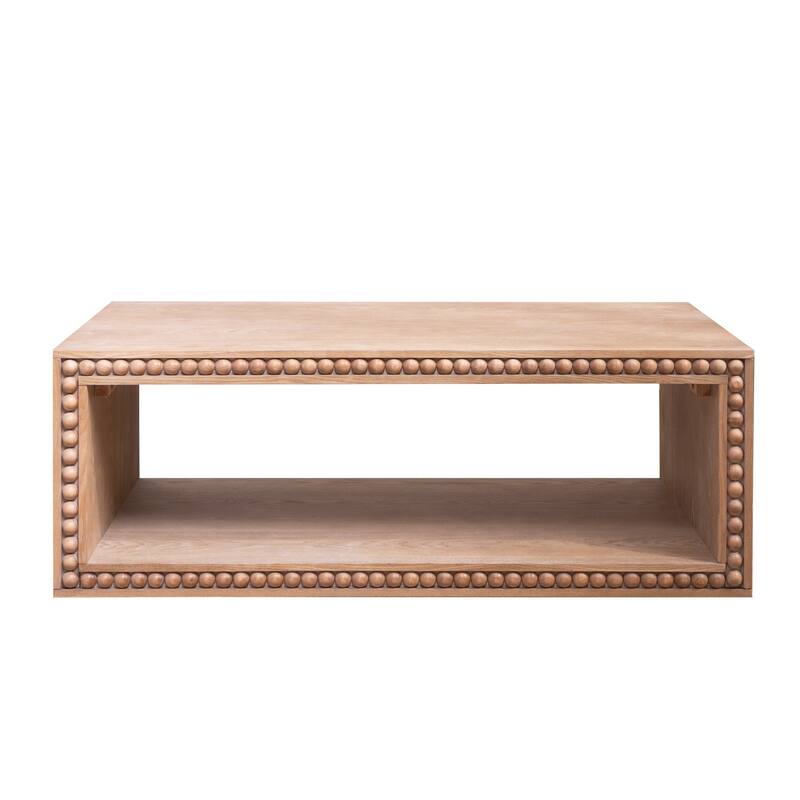 Rustic Beaded Edge Coffee Table with Open Storage Shelf for Modern Farmhouse Living Space