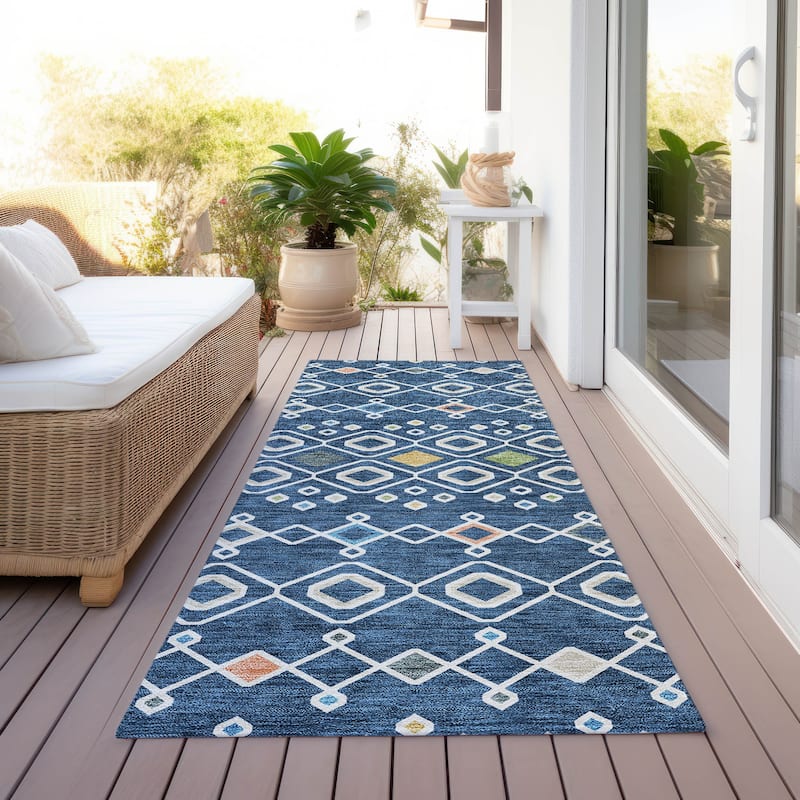 Machine Washable Indoor/ Outdoor Global Contempory Chantille Rug - Navy - 2'3" x 7'6"