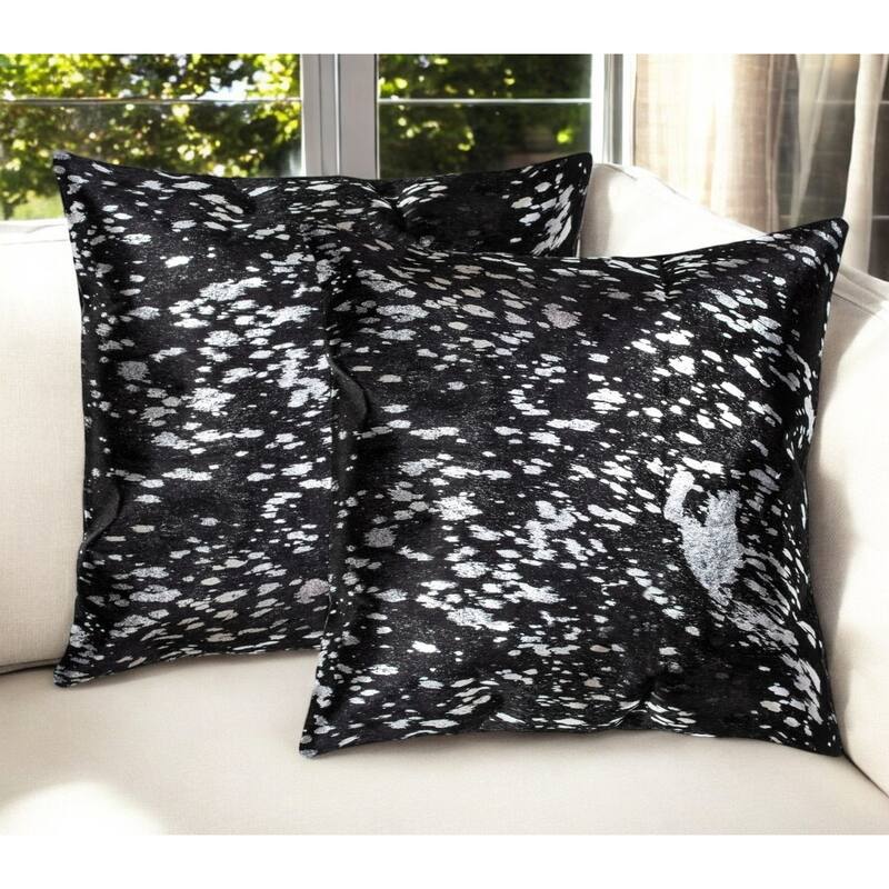 Set of Two 18" Black and Silver Abstract Cowhide Throw Pillows with Glitter - Silver