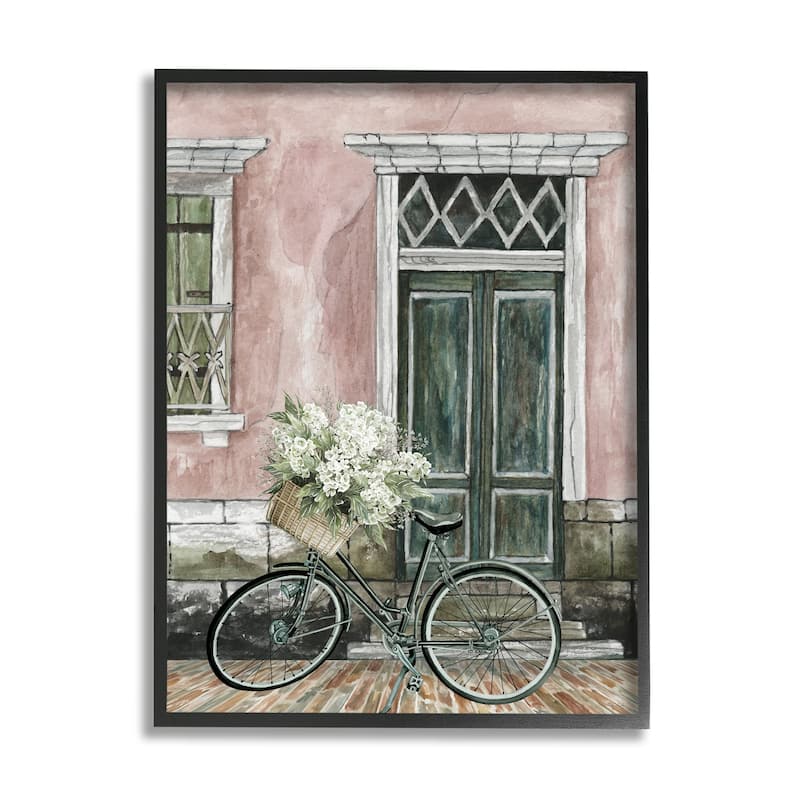 Stupell Spring Bicycle Lush Floral Bouquet Vintage City Architecture Framed Wall Art - Pink - 24 x 30 - Black