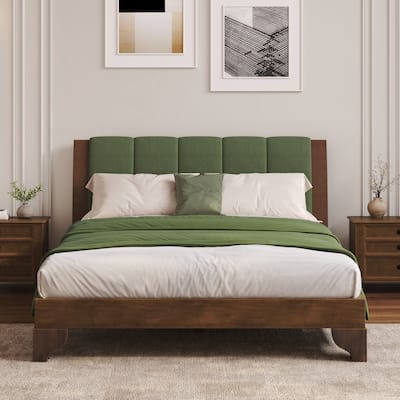 Mid-Century Modern Wood Platform Bed Frame with Upholstered Headboard, Wood Slat Support, No Box Spring Needed, Easy Assembly