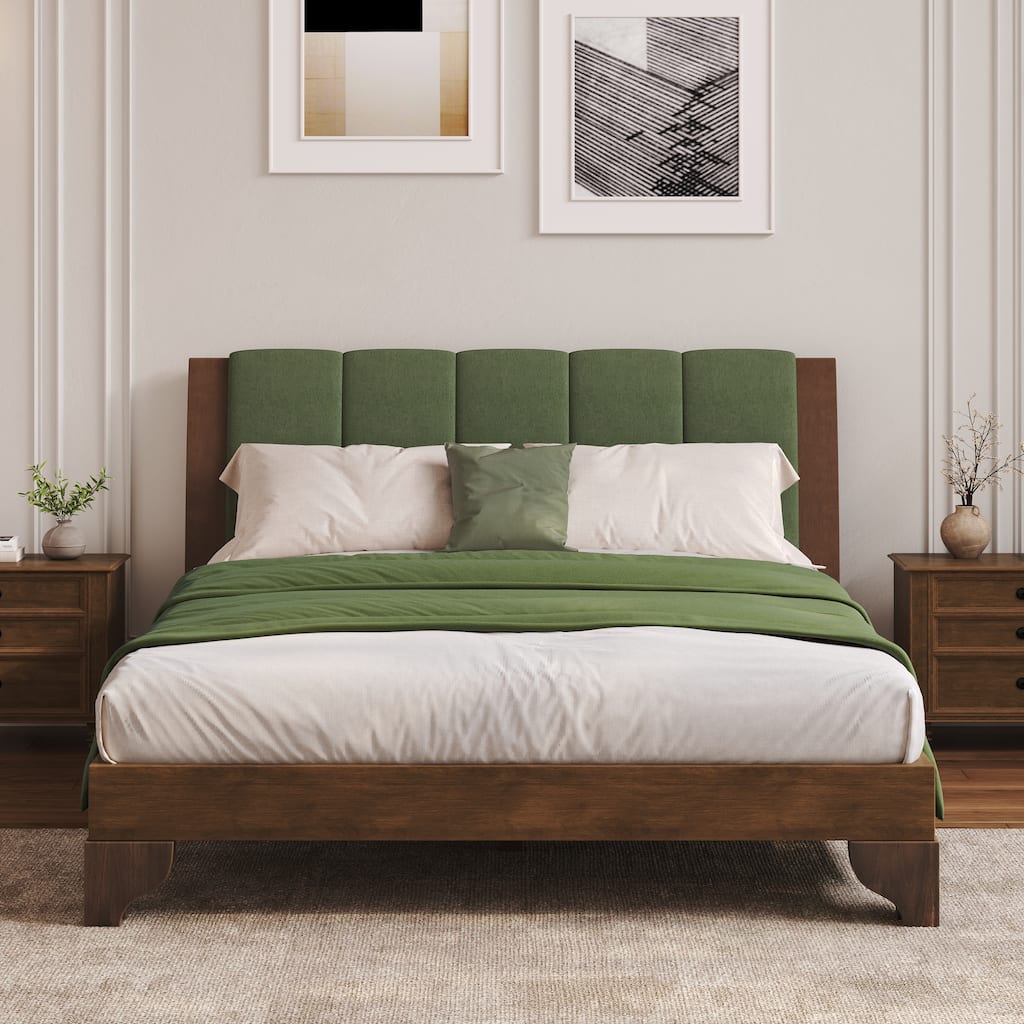 Mid-Century Modern Wood Platform Bed Frame with Upholstered Headboard, Wood Slat Support, No Box Spring Needed, Easy Assembly