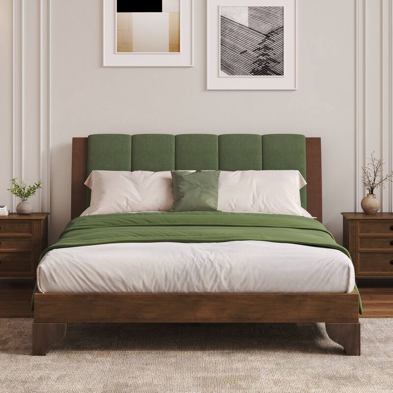 Pine Wood Bed Frame Mid Century Modern Platform Bed with Green Upholstered Headboard, Wood Slat Support Low Profile Wingback Bed