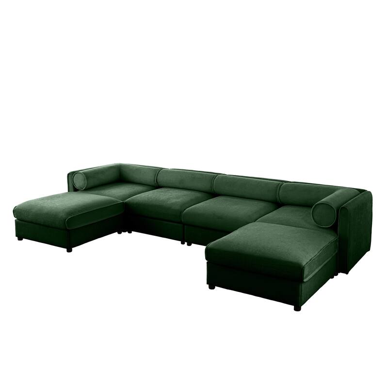 142.5" Extra Large U-Shaped Chenille Sectional Sofa with Storage Ottoman and Cylindrical Backrest(4-Seater Modular Design)