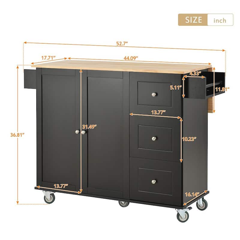 52.7 "W Folding Multifunctional Lockable Wheel Kitchen Cart with 2 Doors and 3 Drawers