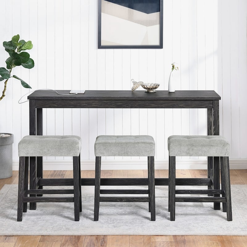 Durable 4-piece Wooden Bar Table and Chairs Set with Power Outlet