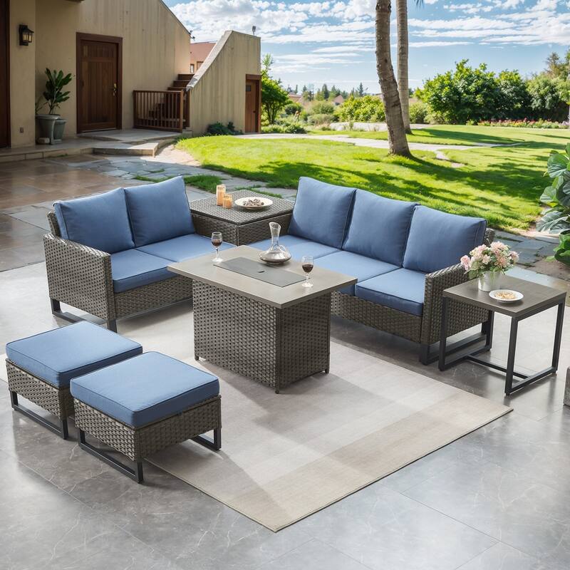 Patio Sofa Ottoman Set with Fire Pit Table - Blue - Grey