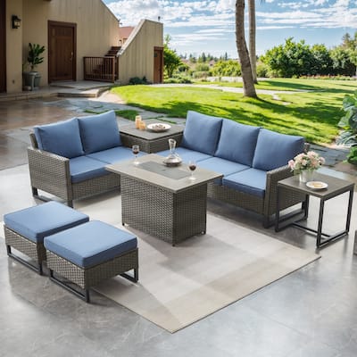 Patio Sofa Ottoman Table with Fire Pit Table - Blue cushion - Grey