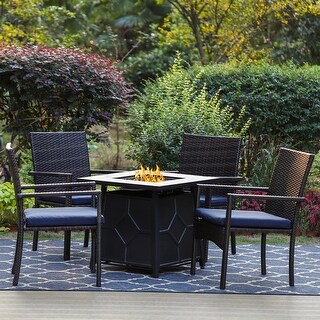 PHI VILLA 5-Piece Gas Fire Pit Table Set 28" TerraFab Gas Fire Table & 4 Rattan Cushioned Chairs