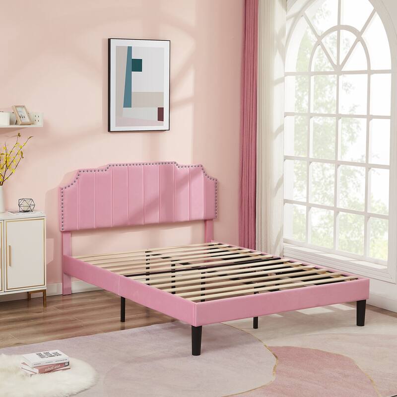 Javlergo Upholstered Platform Bed Frame with Nailhead Trimmed Adjustable Height Headboard, No Box Spring Needed