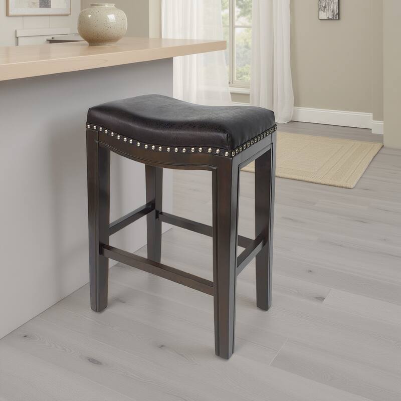 Feine Counter Stool Set of 2, Gray Faux Leather Saddle Seat, Brown
