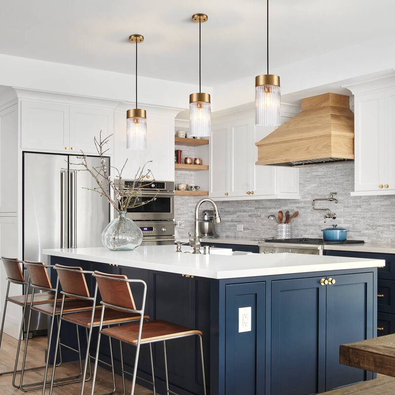 Industrial 1-Light Ribbed Glass Cylinder Pendant Light for Kitchen Island Dining Room - Gold