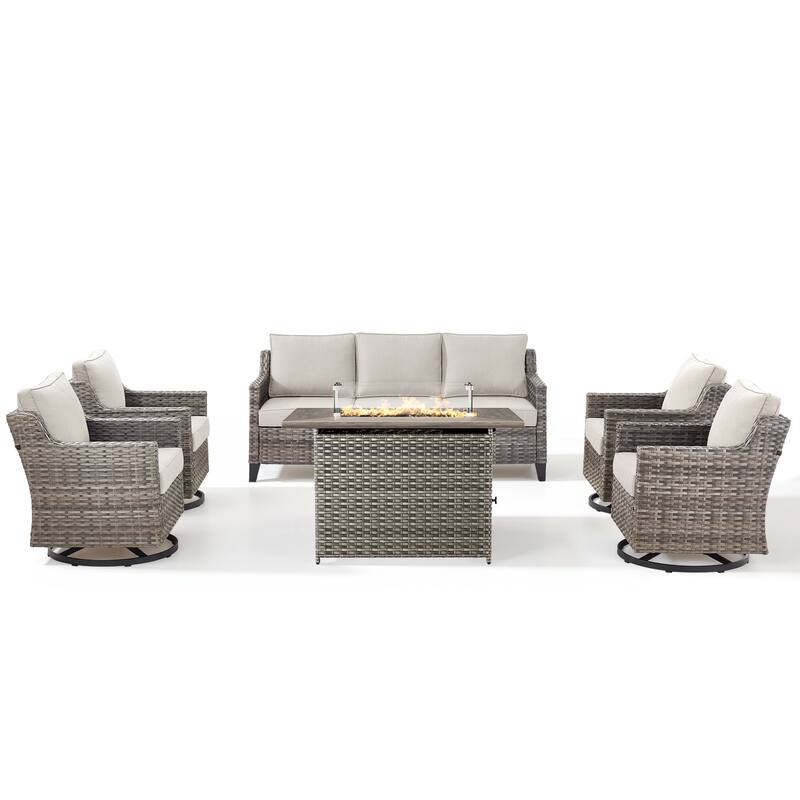 Pocassy Outdoor Swivel Chair with Sofa with Fire Pit Table