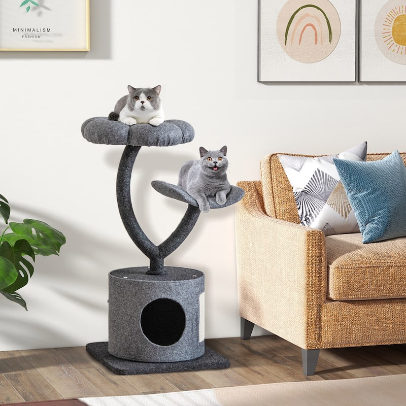 Cat Tree for Indoor Cats with Curved Metal Supporting Frame for Large & Small Cats-Grey - 17.5" x 17.5" x 35"