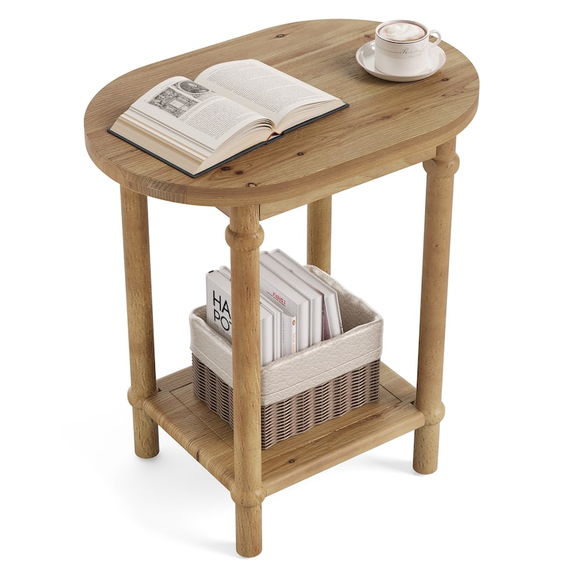 2-Tier Solid Wood End Table with Storage Shelves, Side Accent Table Nightstand for Living Room Bedroom