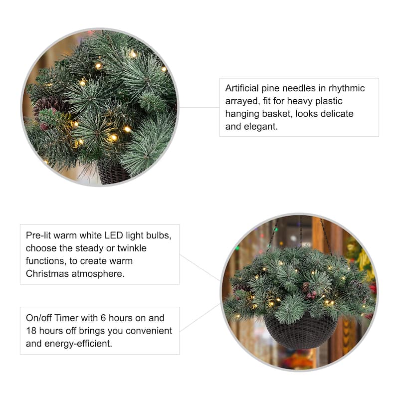 Glitzhome 2PK Pre-Lit Flocked Christmas Artificial Floral Hanging Baskets with Timer