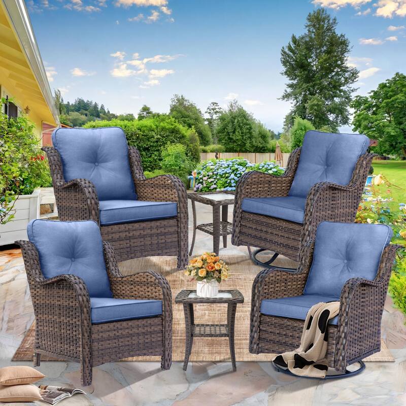 6-piece Outdoor Patio Wicker Swivel Rocker Chairs Set with Side Table
