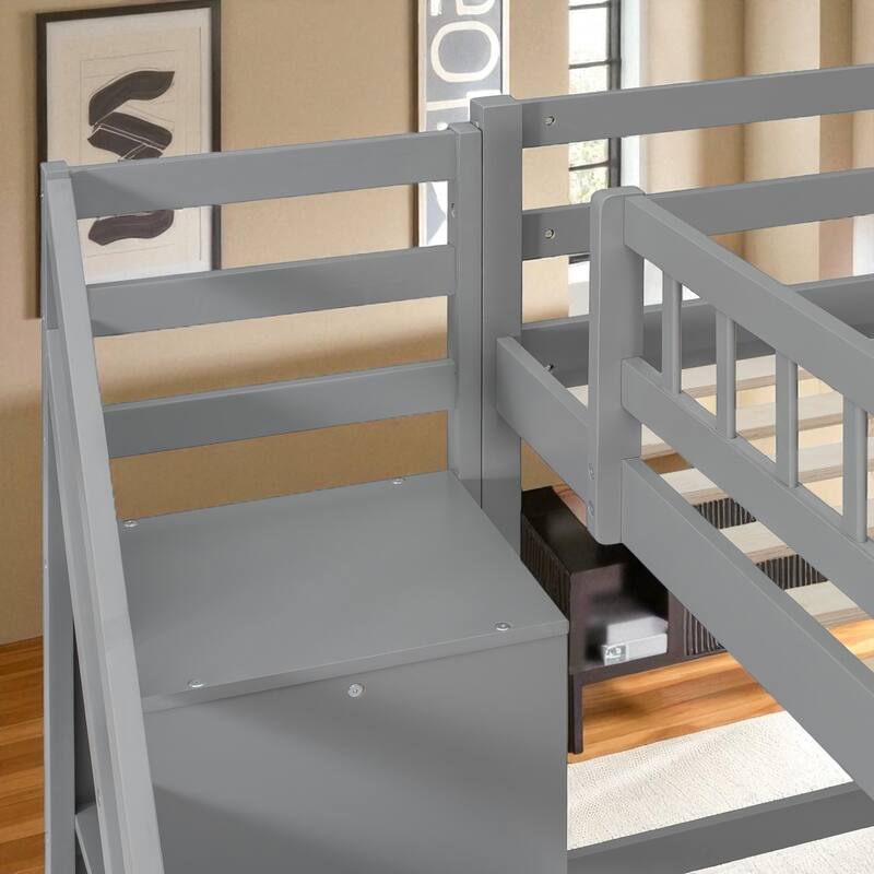Twin/Full Loft Bed with Desk, 2 Storage Drawers, LED Light Strip, Side Stairs, Study & Space-Saving Design