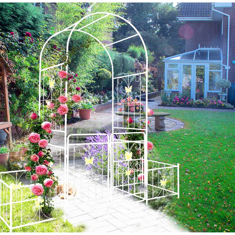 86.6'' H x 79.5'' W Patio Metal Garden Arch Trellis w/Gate，Climbing Plant Support，Anti-Rust Coating - 86.6'' H x 79.5'' W