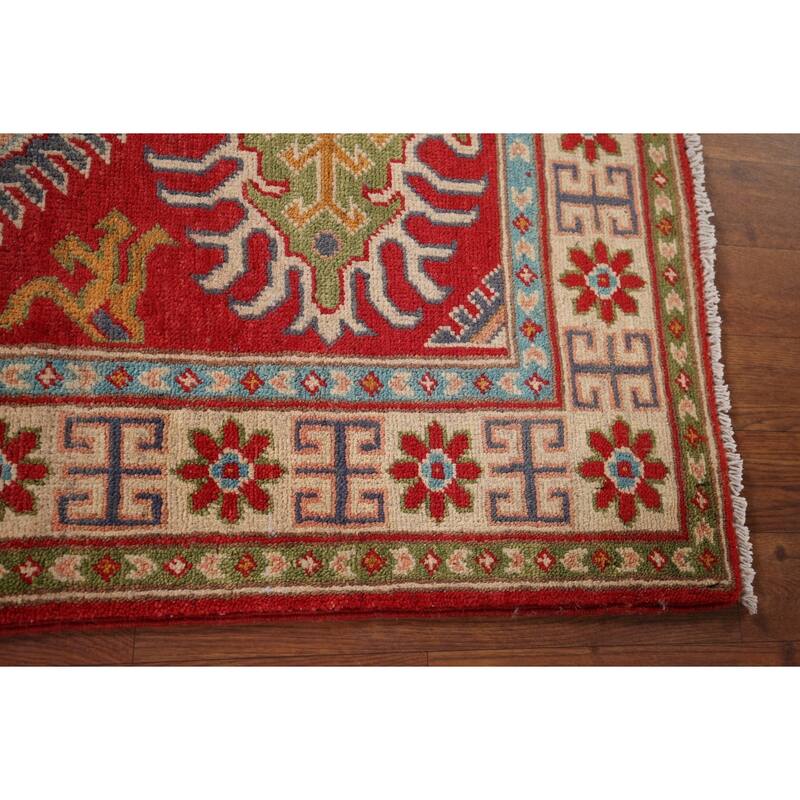 Red Geometric Kazak Foyer Rug Hand-Knotted Oriental Wool Carpet - 2'9" x 4'0"