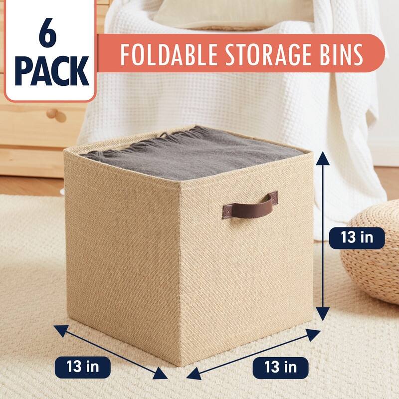 6 Pack Jute Fabric Storage Cube Bin with Faux Leather Handles