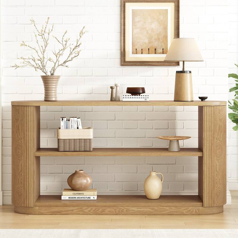Modern Entryway Console Table - Slim Sofa Table with Open Shelf & Elegant Wood Grain, Hallway Table for Living Room