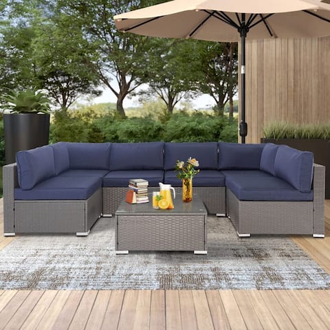 SUNCROWN 7 Pieces Patio Furniture Grey Wicker Sectional Set