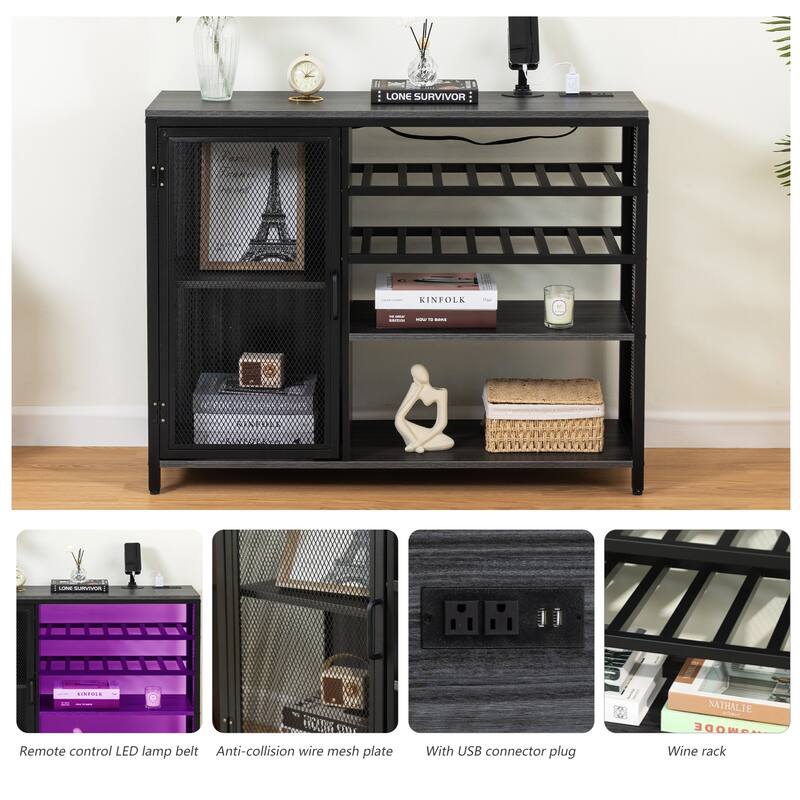 Modern Bar Sideboard Buffet Storage Cabinet with LED Lights and USB Socket, Black Wine Bar Cabinet - 43.31In*13.78in*32.87in