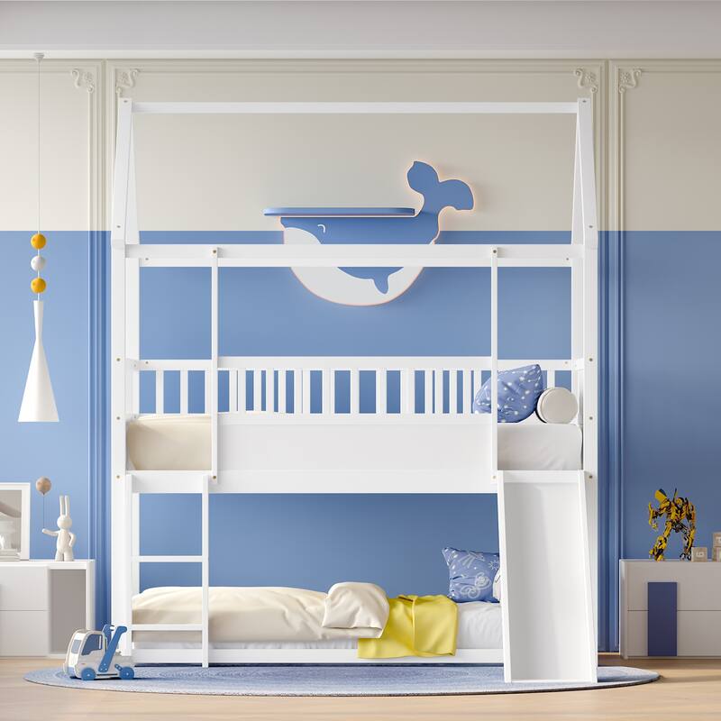 Twin Over Twin Floor Bunk Bed with Convertible Slide and Ladder, Twin Size Low Bunk Bed, Wooden House Bunk Bed Frame with Roof