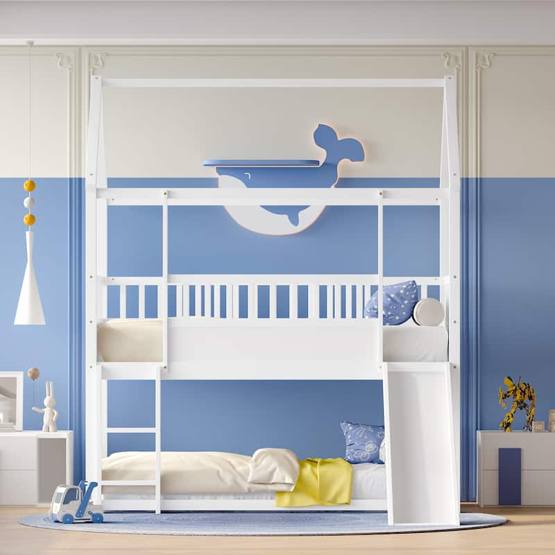 Twin Over Twin Pine Wood House Bunk Bed with Convertible Slide/Ladder and Safety Guardrail - White