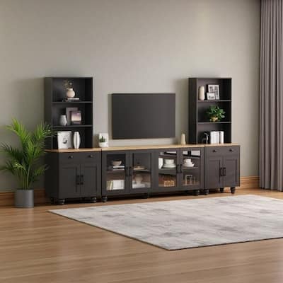 Entertainment Center for TVs Up to 70" with Adjustable Shelves, Tempered Glass Doors, Bookshelves & Storage Cabinets