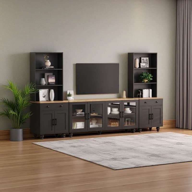 Entertainment Center for TVs Up to 70" with Adjustable Shelves, Tempered Glass Doors, Bookshelves & Storage Cabinets