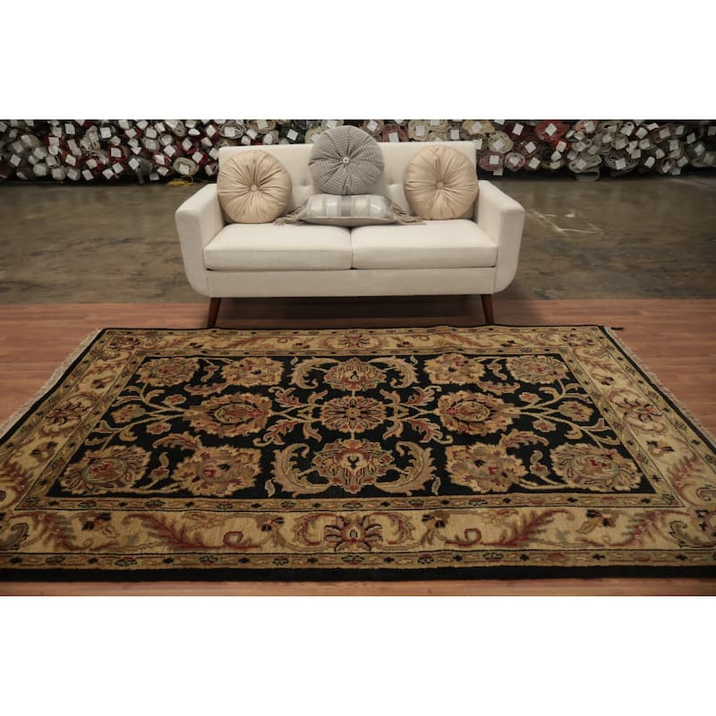 Hand Knotted Oriental 100% Wool Carpet Traditional Floral Black Agra Area Rug - 8' 4'' X 5' 5''