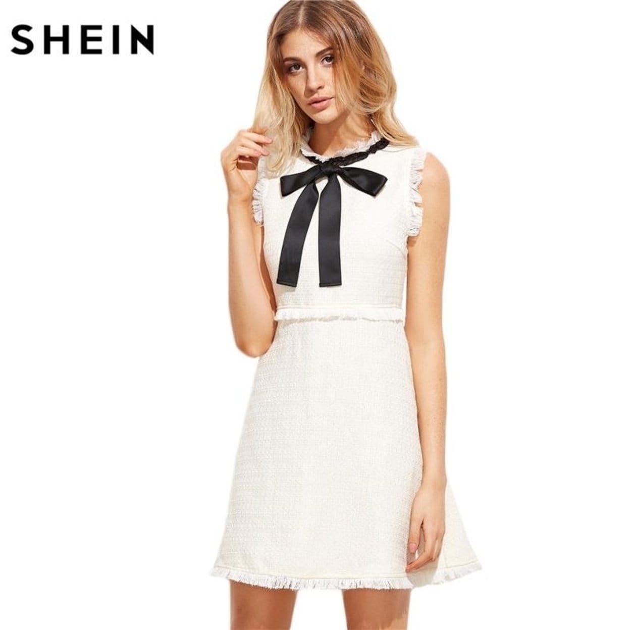 Shop Shein Women Autumn Dresses Ladies White Party Dresses Bow Tie