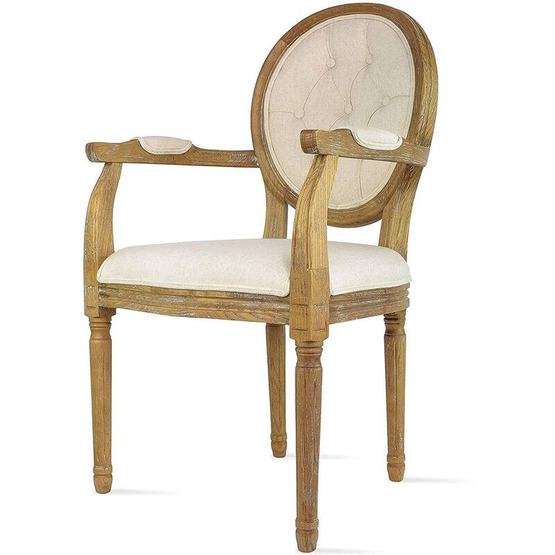 Set of 2 Cream Color Upholstered Button Tufted Back Fabric Dining Modern Arm Chair With Padded Seat Solid Wood Legs