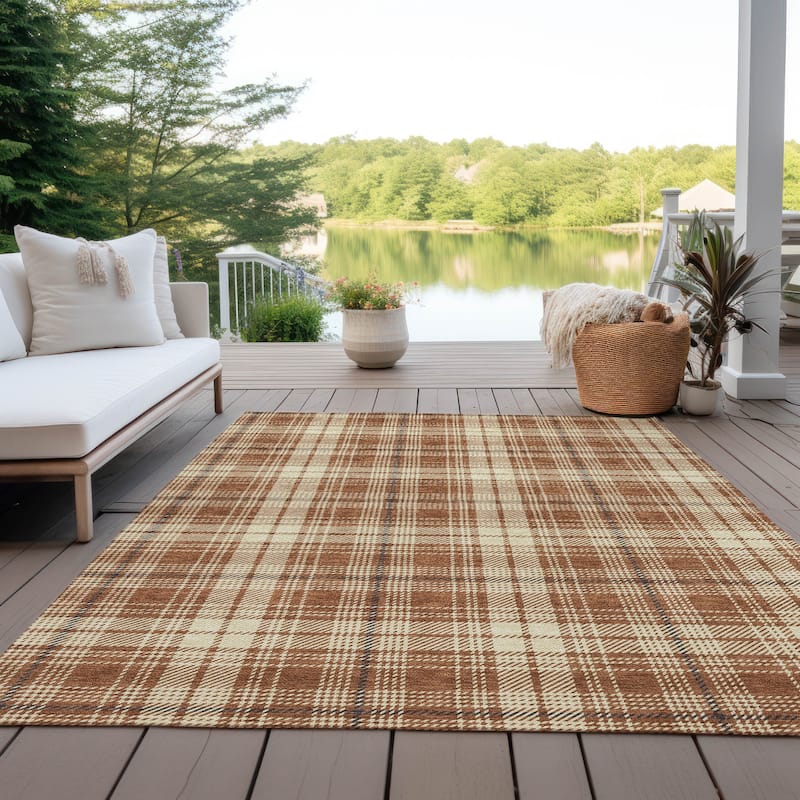 Machine Washable Indoor/ Outdoor Plaid Chantille Rug