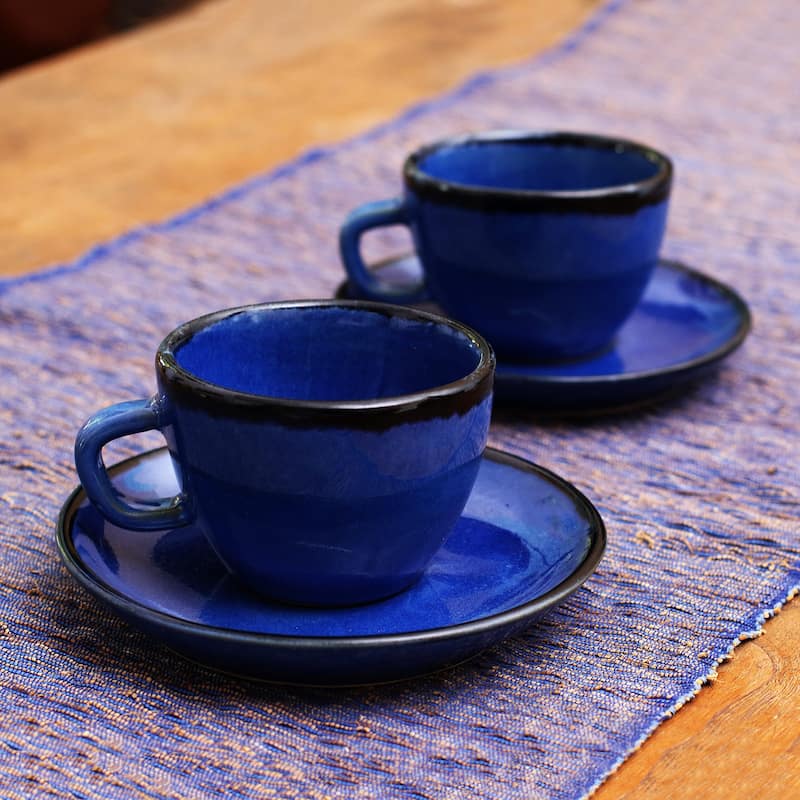 Novica Handmade Relaxing Blue Ceramic Cups And Saucers (Pair)