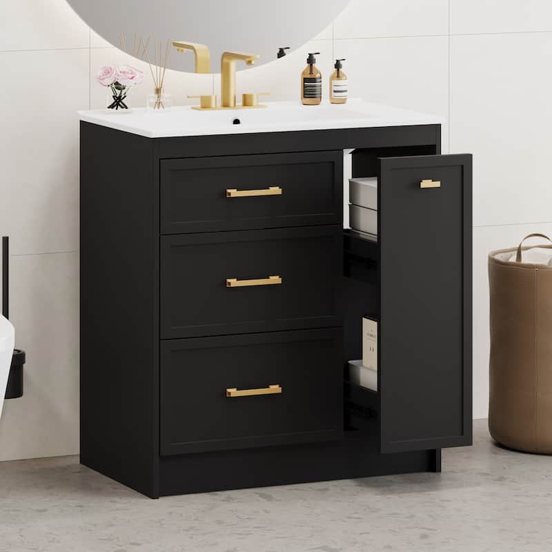 GDFStudio - Hera Classic 30" Black Bathroom Vanity Set - Floor Standing, 3 Drawers with Double-Layer & Gold Handles