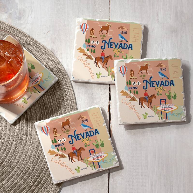Absorbent Stone Beverage Coasters - Set of 4 - - State Attractions - NV - Multi-53