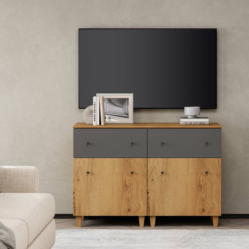 WAMPAT Modern TV Cabinet Stand with Drawers and Door - 47.2" - 2 Pack - Oak Brown & Dark Grey