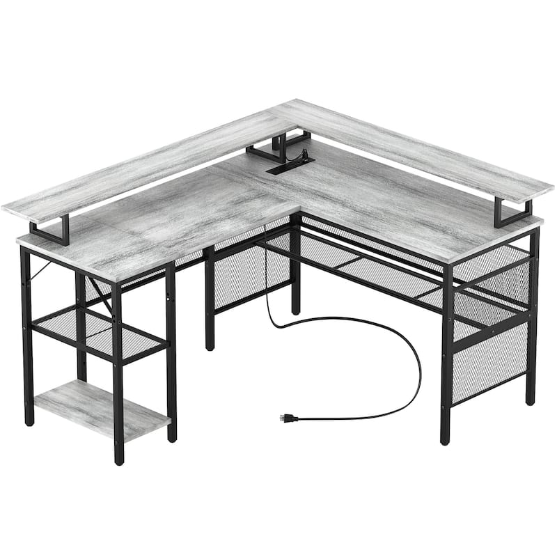 L Shape Computer Desk Reversible Gaming Desk with Charge Station and LED Light